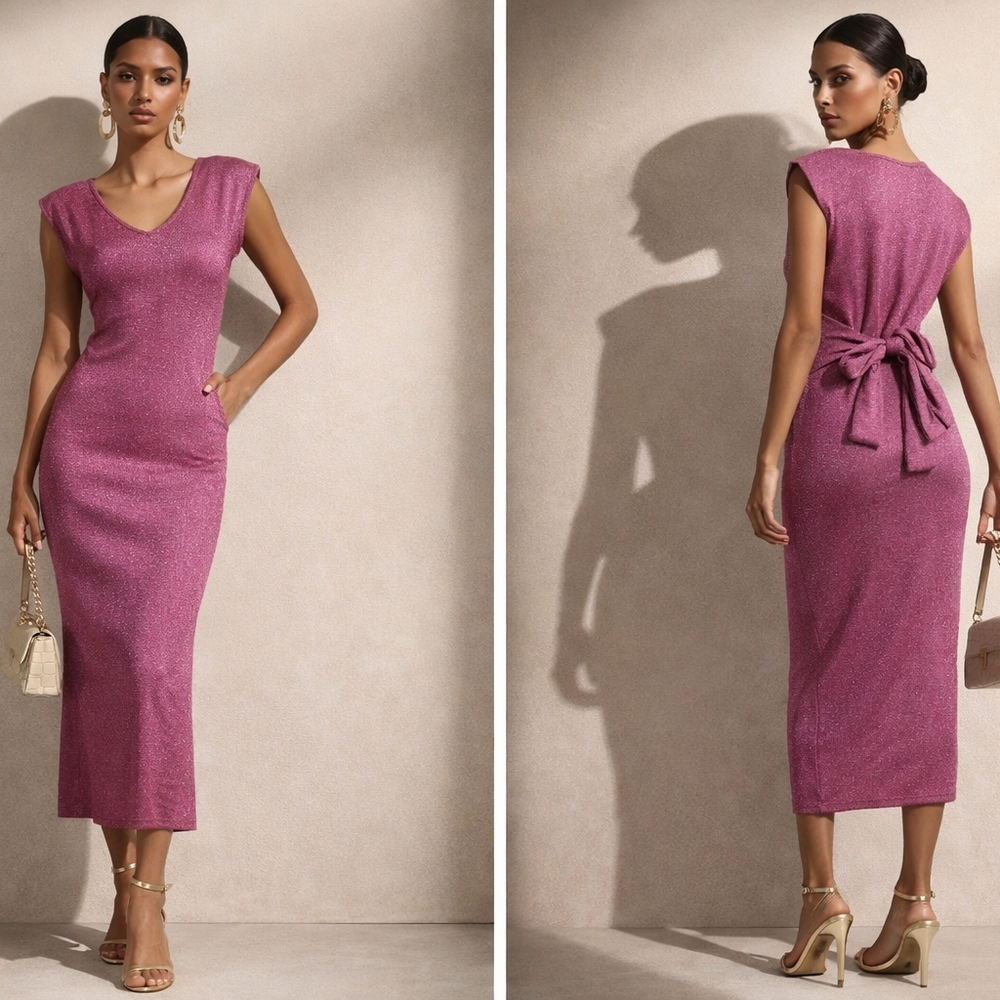 New Sleeveless V-Neck Midi Dress in Pink